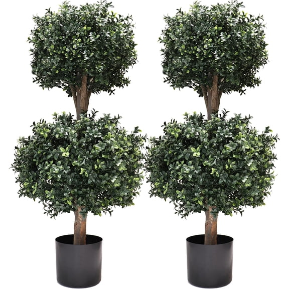 3Ft-35'' Artificial Boxwood Double Ball Topiary Trees,2PACK Faux Topiaries Tree Store Garden Indoor&Outdoor for Porch Home Decor