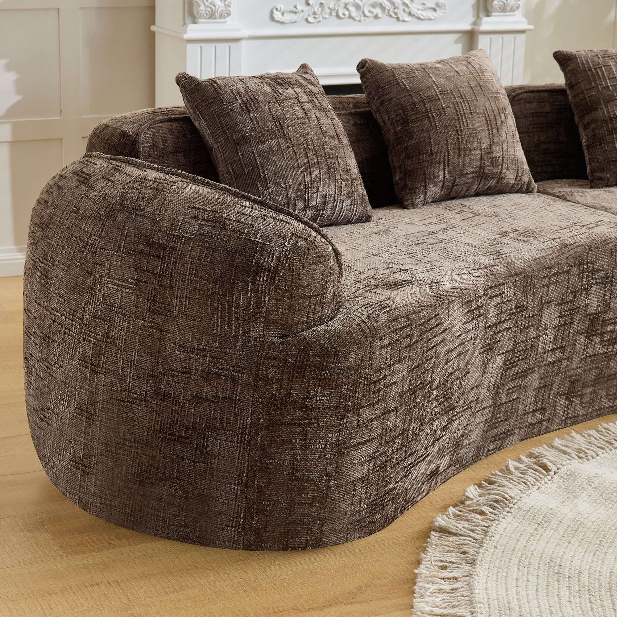 MAYEERTY 4-Seat Curved Compressed Sectional Sofa, Upholstered Cloud Modular Couch with Throw Pillows, No Assembly for Living Room Apartment Small Spaces