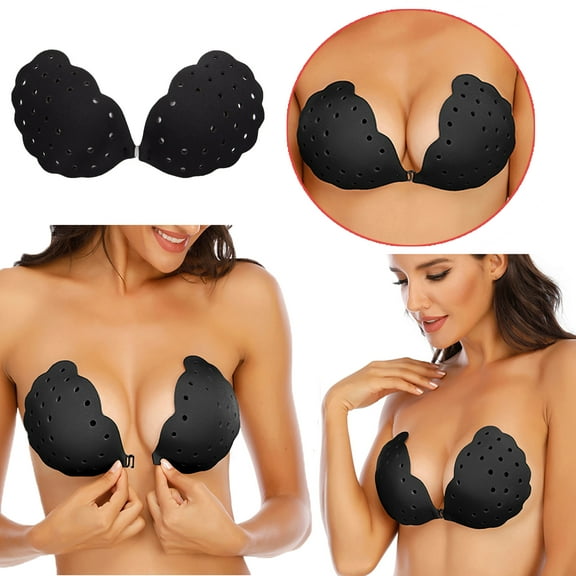 DODOING Silicone Bra Adhesive Bra Strapless Sticky Invisible Push up Silicone Bra for Backless Dress with Nipple Covers Black