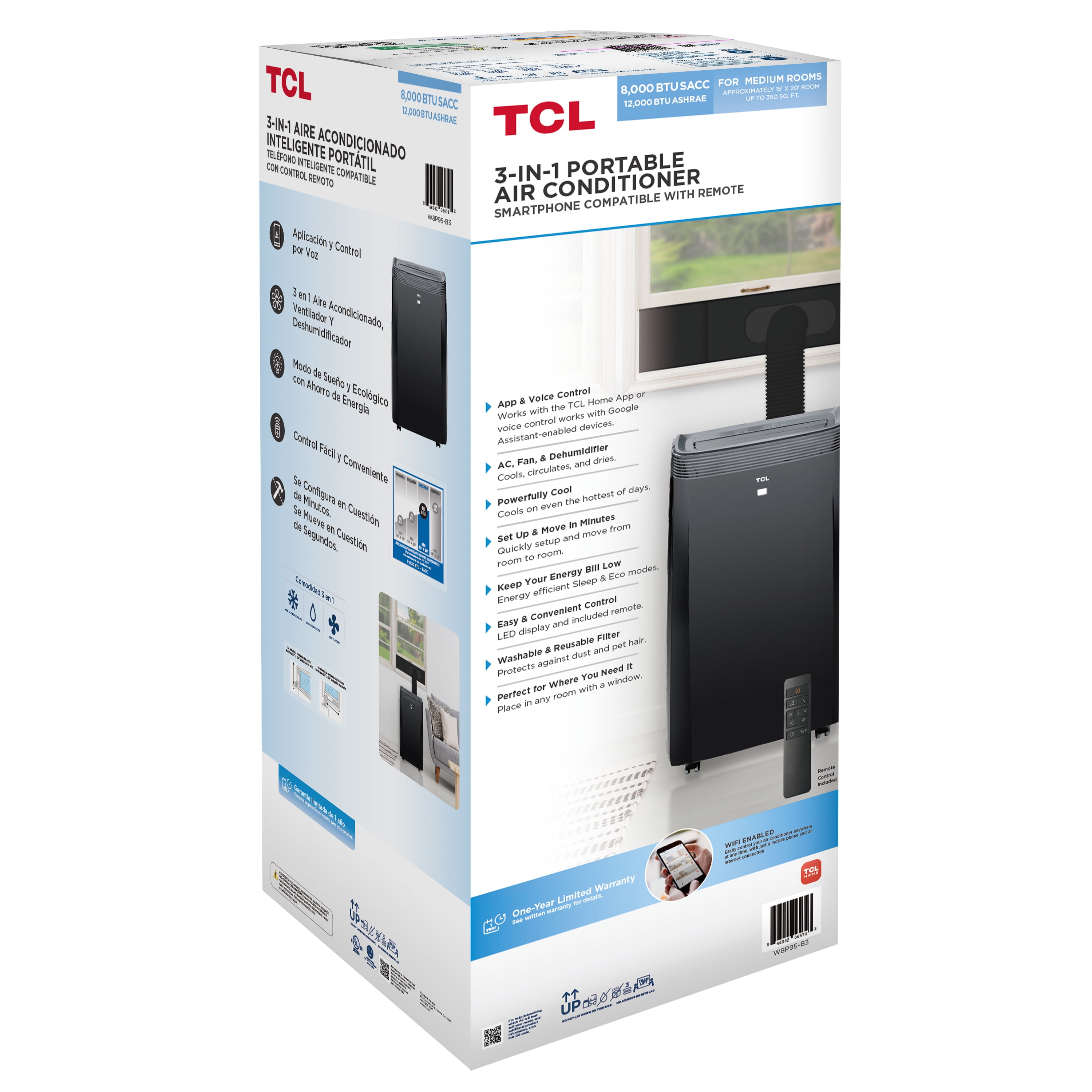 TCL 8,000 BTU SACC (12,000 BTU ASHRAE) Smart Portable Air Conditioner, Black, W8P95-B3