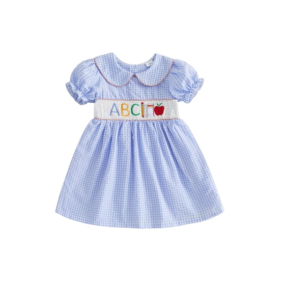 BemeyourBBs Toddler Baby Girl Back To School Dress Kids Kindergarten Outfits Little Baby Girl Summer Smocked Dress Gingham Plaid Apple Embroidered Short Sleeve Casual A-line Dresses