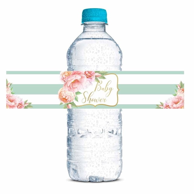 Envoltorios impermeables para botellas de agua con diseño floral de acuarela Aqua y Peony para baby shower. 20 etiquetas envolventes de 4,45 x 21,56 cm, de AmandaCreation.