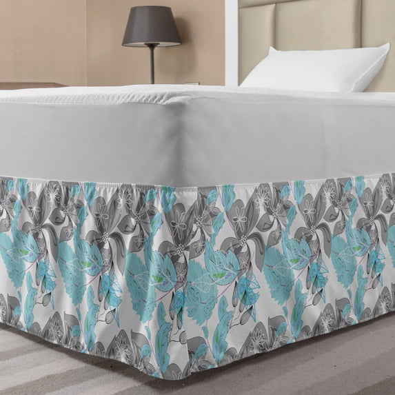 Grey Blue Bed Skirt, Blooming Abstract Flowers with Pastel Toned Foliage Leaves Pattern Nature Growth, Elastic Bedskirt Dust Ruffle Wrap Around for Bedding Decor, 4 Sizes, Multicolor, by Ambesonne