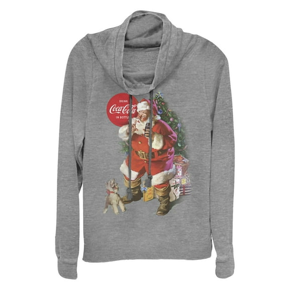 Junior's Coca Cola Retro Santa Puppy  Cowl Neck Sweatshirt
