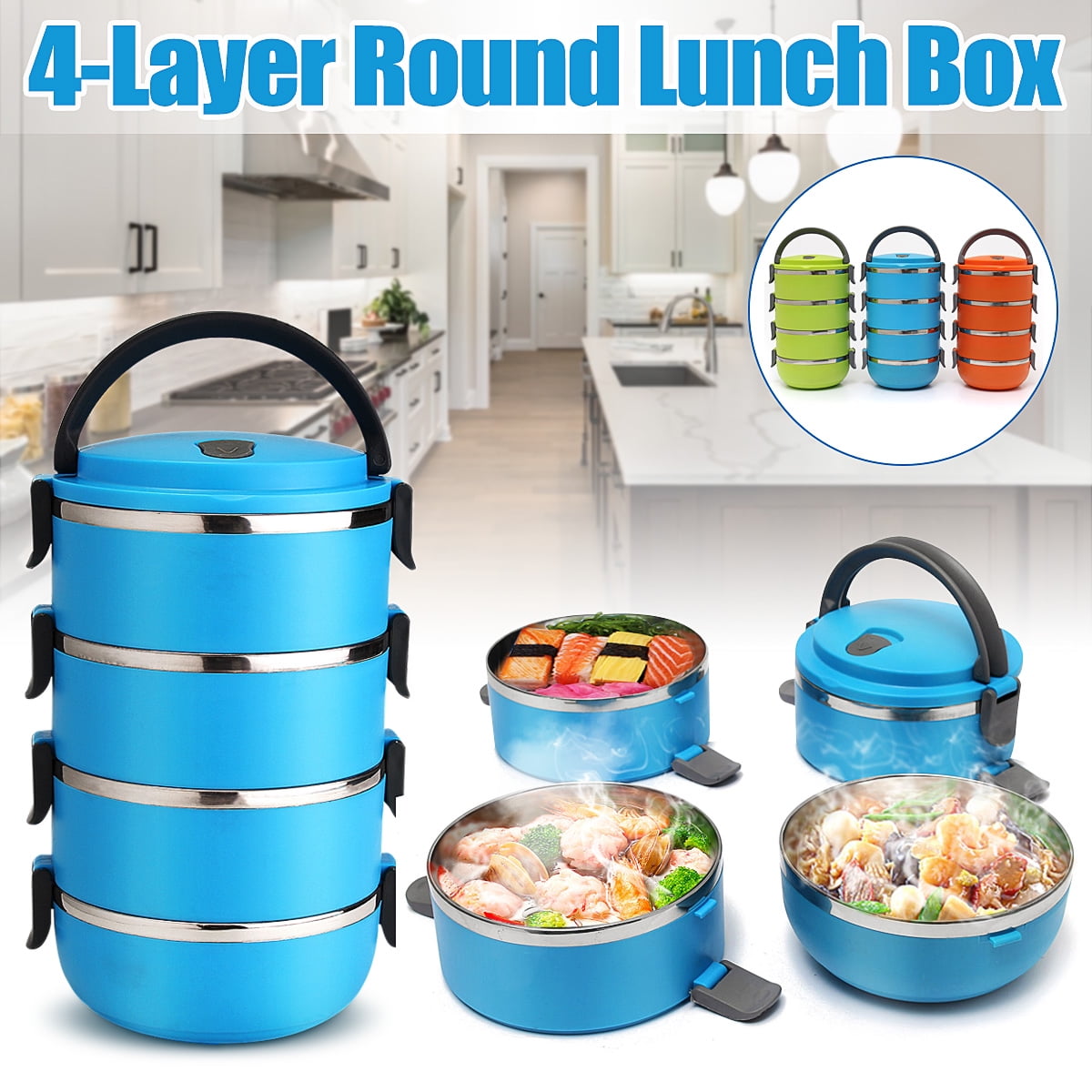 2800ML Portable Insulated Stainless Steel Microwavable 4Tier Lunch Box
