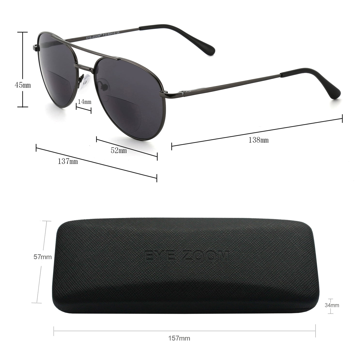EYE ZOOM 2 Pack Aviator Style Sunglasses Bifocal Reading Glasses Anti UV400 (Gunmetal, +2.00)