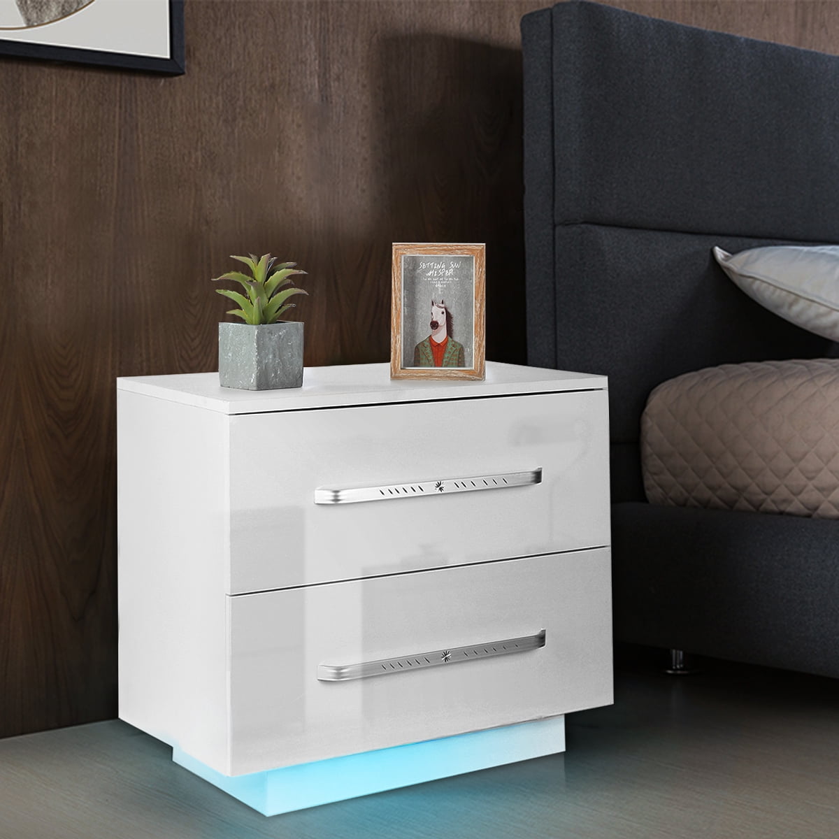 SNAILHOME High Gloss LED Nightstands, 2-Drawer Tall Bedside Table White ...