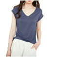 thumbnail image 3 of Fanxing Womens Summer V Neck T Shirts Loose Fitting Cap Short Sleeve Basic Tees Blue,M, 3 of 5