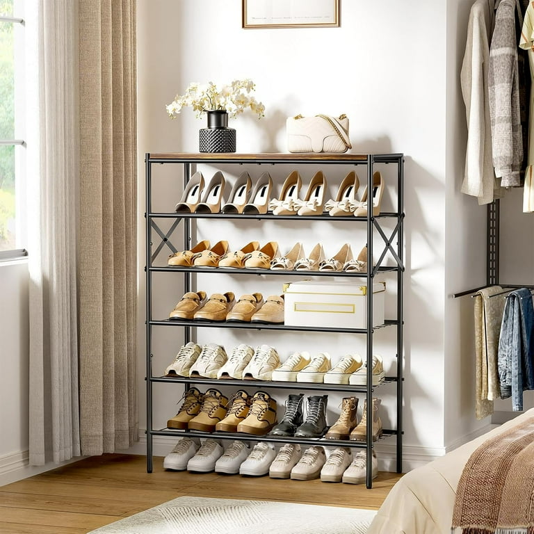 6 tier Metal Shoe Rack Organizer Shoe Storage for Entryway 18 24 Pairs narrow Shoe Rack for Closet Heavy duty Shoe Rack with Wooden Top Shelf for