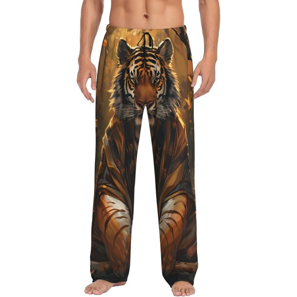 Fotbe Tiger In The Fallen Leaf Forest Pantalones de Pijama para Hombre, Pantalones de Dormir, Pantalones de Casa con Cintura Ajustable y Bolsillos-Large