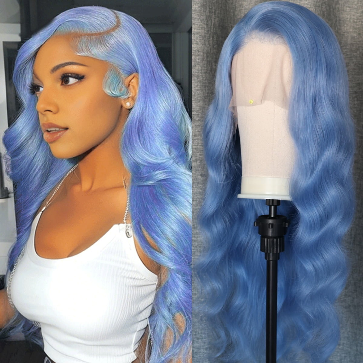 Blue Colored 13x4 Lace Front Wig Body Wave Brazilian Remy Human Hair Wigs Preplucked Natural Hairline High Density Elegant Hairstyle For Women Daily&Birthday&Wedding Use Wig 180 Density 30 Inch