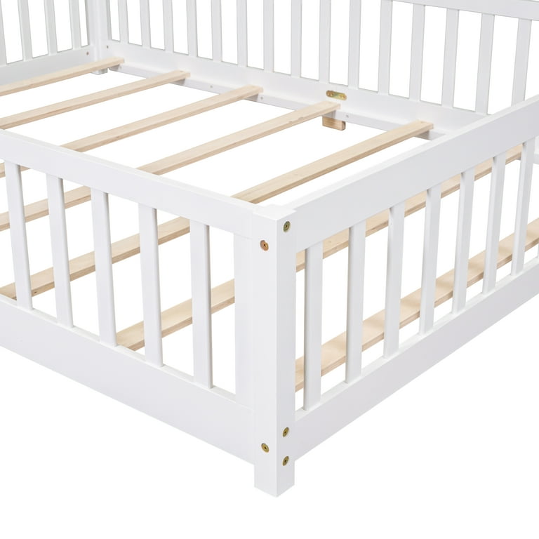 Queen Size Toddler Montessori Bed, HSUNNS Wood Floor Bed Wood Platform Bed  for Kids Toddler, Queen Size Montessori Floor Bed With Fence Railings and  Door, No Box Spring Needed, White 