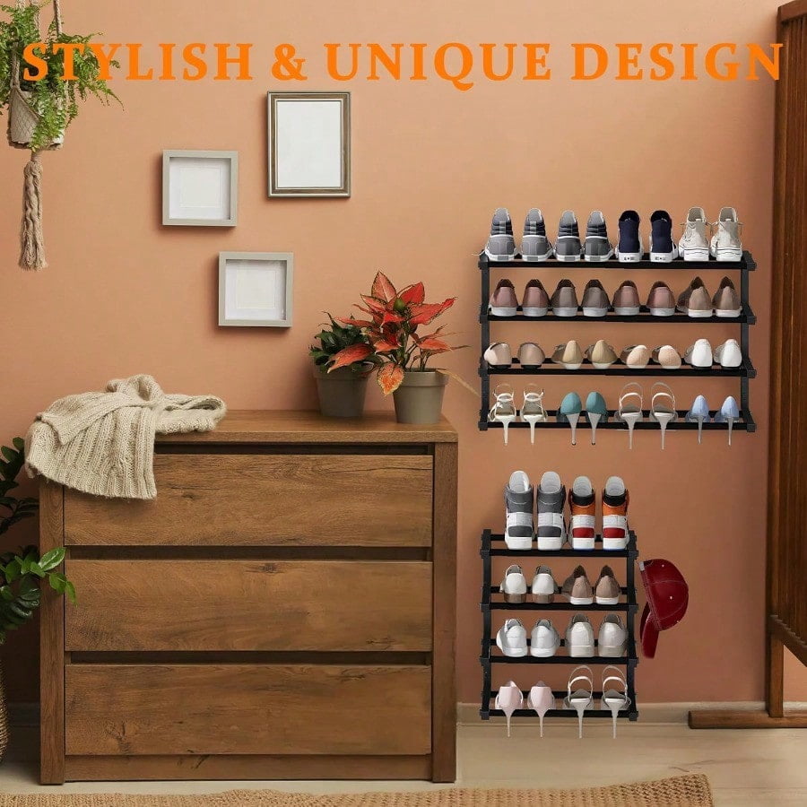 2 Pack Wall Mounted Shoe Rack 4 Tier Hanging Shoe Rack Holds 32 Pairs 17-30Adjustable Heavy Duty Wall Shoe Shelf with 4 Storage Hooks Space Saving for Closet Entryway Black Patent Pending