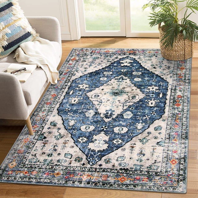 LAICAIW Boho Tribal Area Rug-4x6 Blue Machine Washable Bedroom Rug Dining Room Mat, Turkish Aesthetic Soft Non Slip Pet Friendly Living Room Carpet for Front Door Entryway Office Apartment