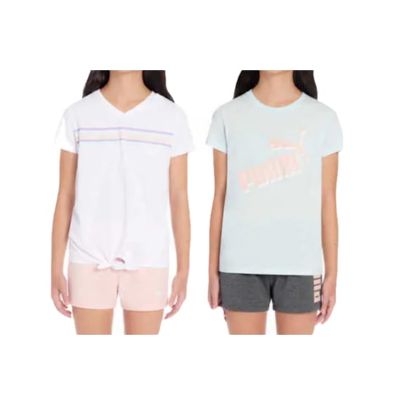 Puma Youth Girl's 4 Piece Active Clothing Set, 2 Tees and 2 Shorts (Mint/White, Small)