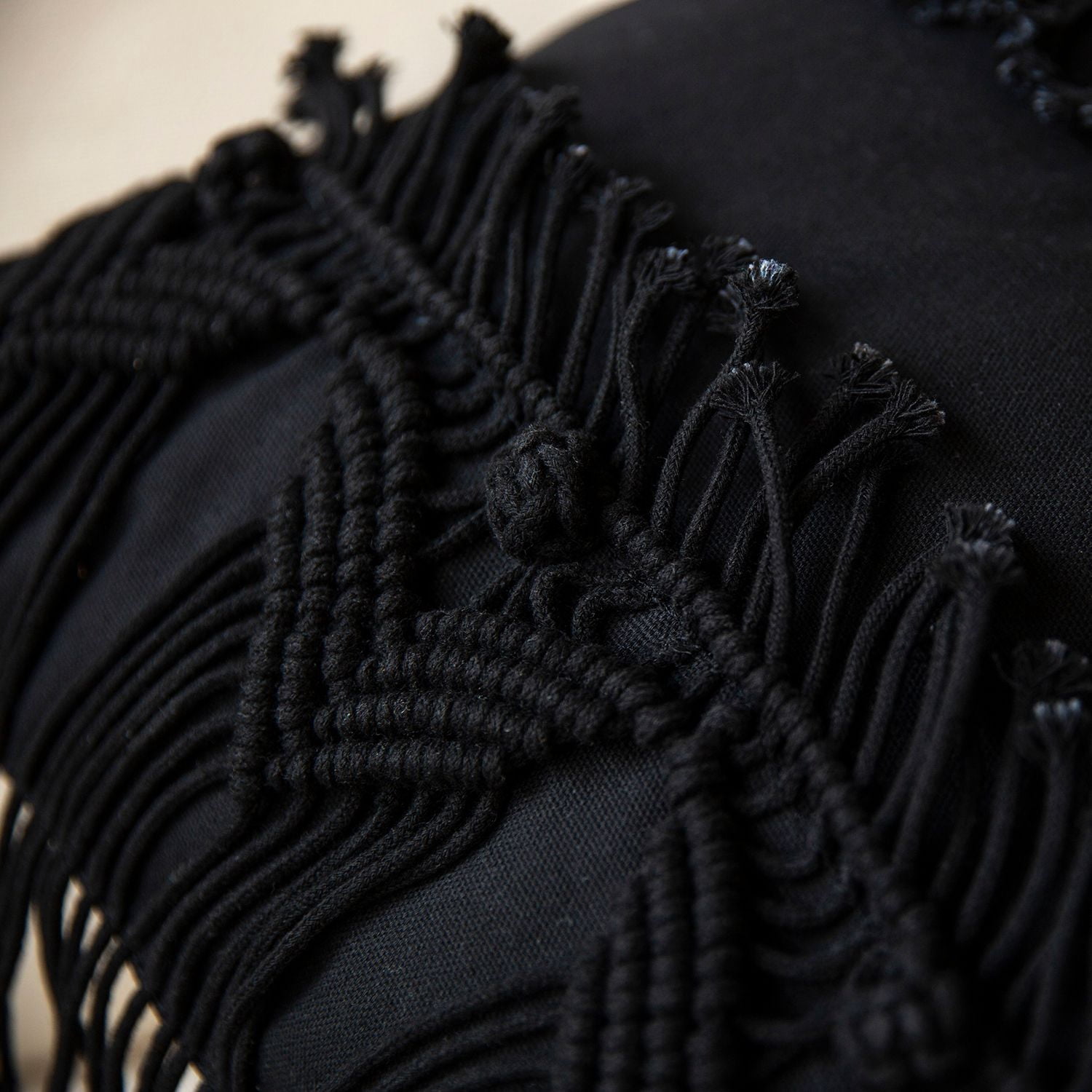 Phantoscope 100% Cotton Handmade Crochet Boho Throw Pillows with Tassels and Woven Knot Design, 18 x 18 in Square Cushions, Black, 2 Pack