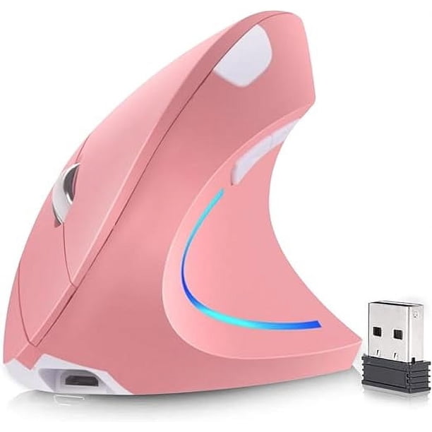 Mouse Inalámbrico Ergonómico Recargable, Mouse Vertical Óptico de 2.4Ghz con 3 DPIs Ajustables, Diseño de 6 Botones con Receptor USB, Compatible con Sistema Windows y Mac(Rosado)