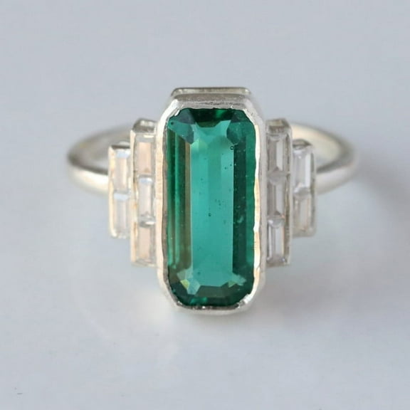 Octagon Emerald & Baguette Diamond Ring, 925 Sterling Silver Long Emerald Ring, Large Ring, Party Wear Ring, Art Deco Statement Ring.