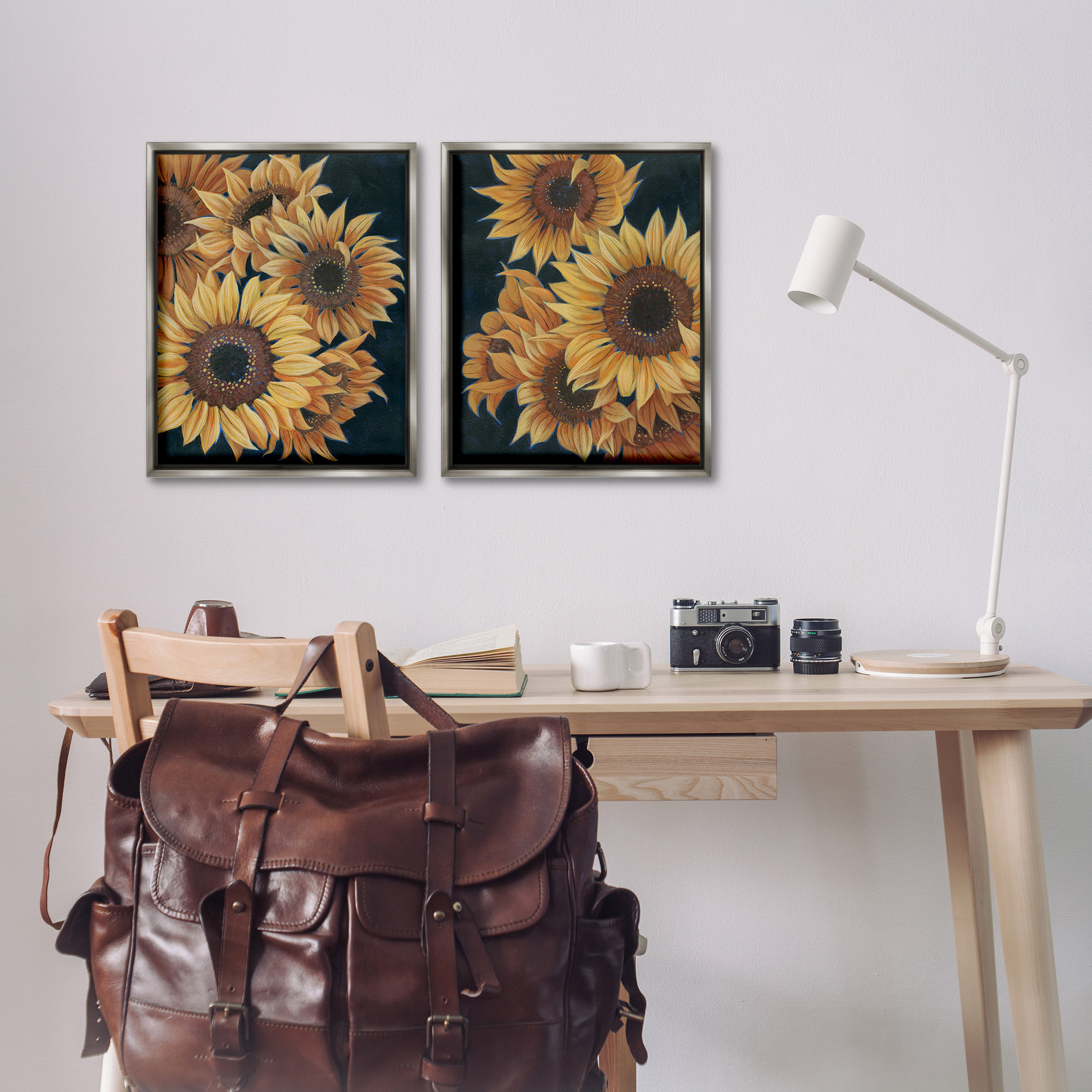 Stupell Industries Sunflowers on Black Botanical & Floral Painting Gray Floater Framed Canvas Art Print Wall Art, 17 x 21, Set of 2