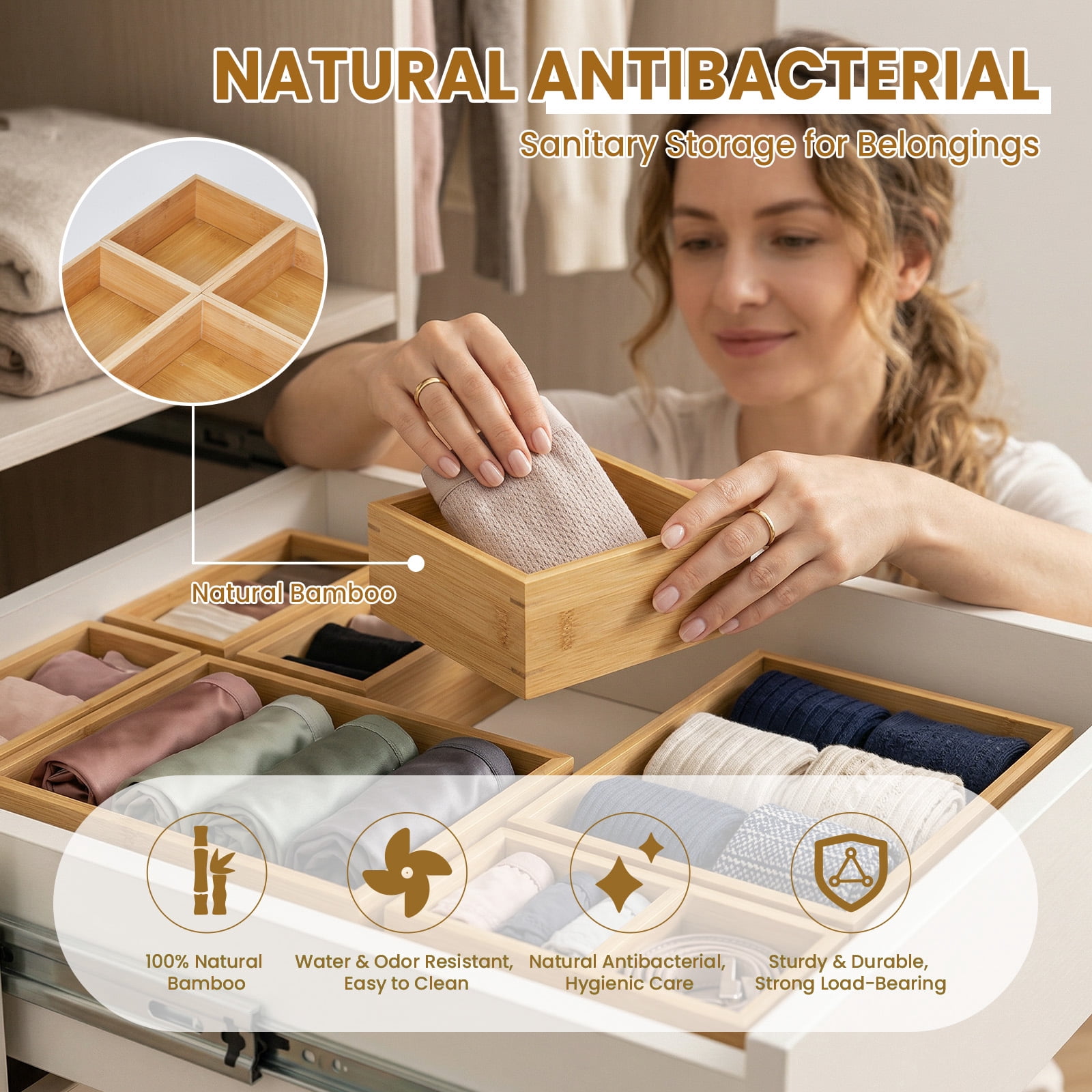 8-Piece Bamboo Drawer Organizer Set, 15x18 inch Wooden Storage Trays for Kitchen, Office & Vanity, Stackable & Expandable Drawer Dividers for Utensils, Jewelry, Makeup & Accessories