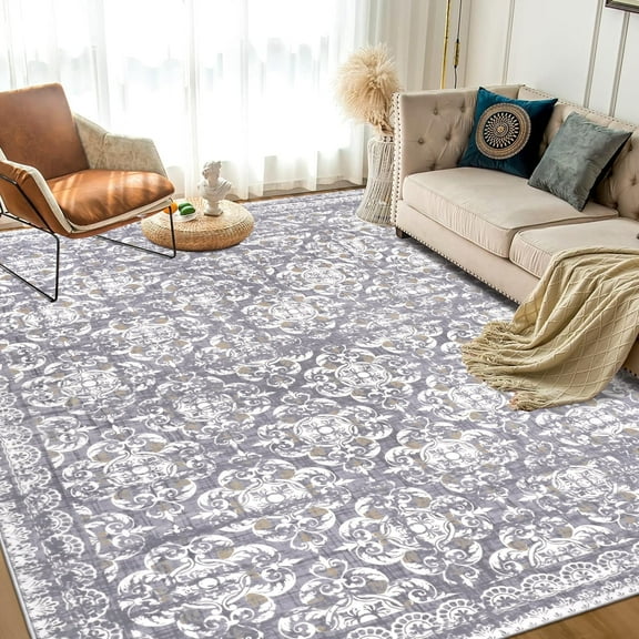 LOKHOM Boho Area Rug 8'x10' for Living Room, Machine Washable Rugs Non Slip Vintage Indoor Floor Carpet for Bedroom Dinning Room Office, Gray/Tan