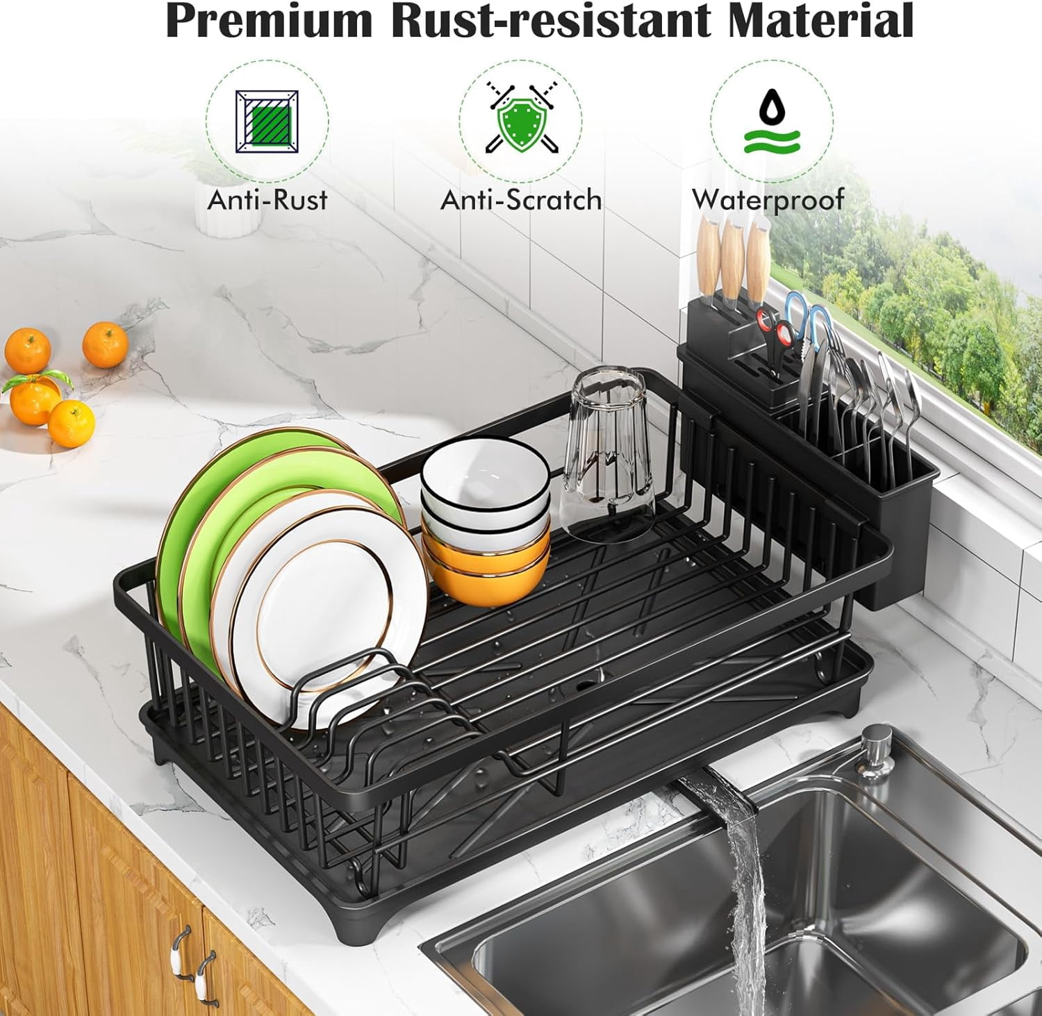 Dish Drying Rack - Space-Saving Small for Kitchen Counter, Rust-Resistant Rack, Compact Drainer Organizer with Utensil Holder Home Kitchen, Black