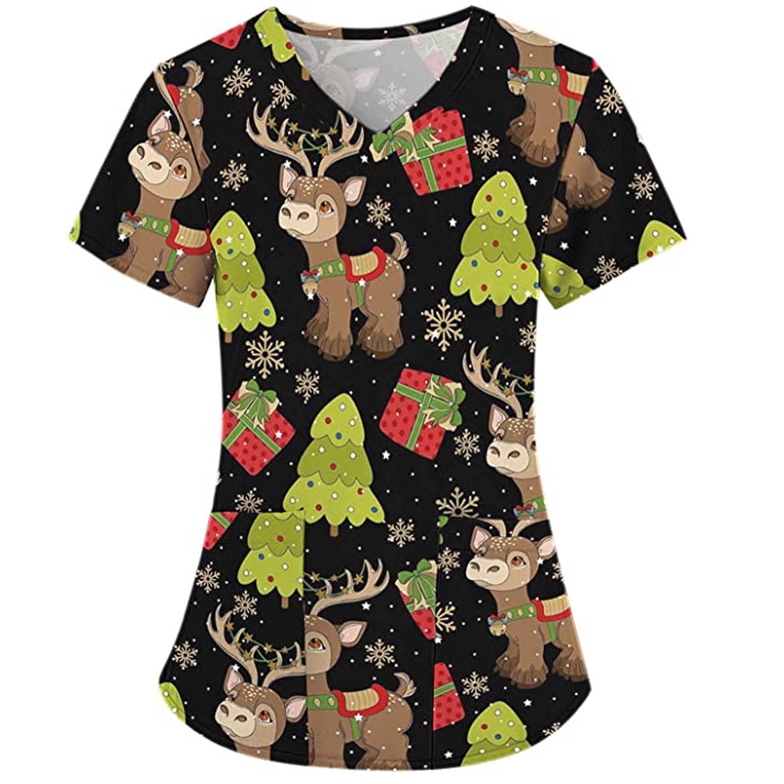 Tarmeek Women's Christmas Scrub Tops Plus Size Santa Snowman Print Blouse Casual VNeck Fun T