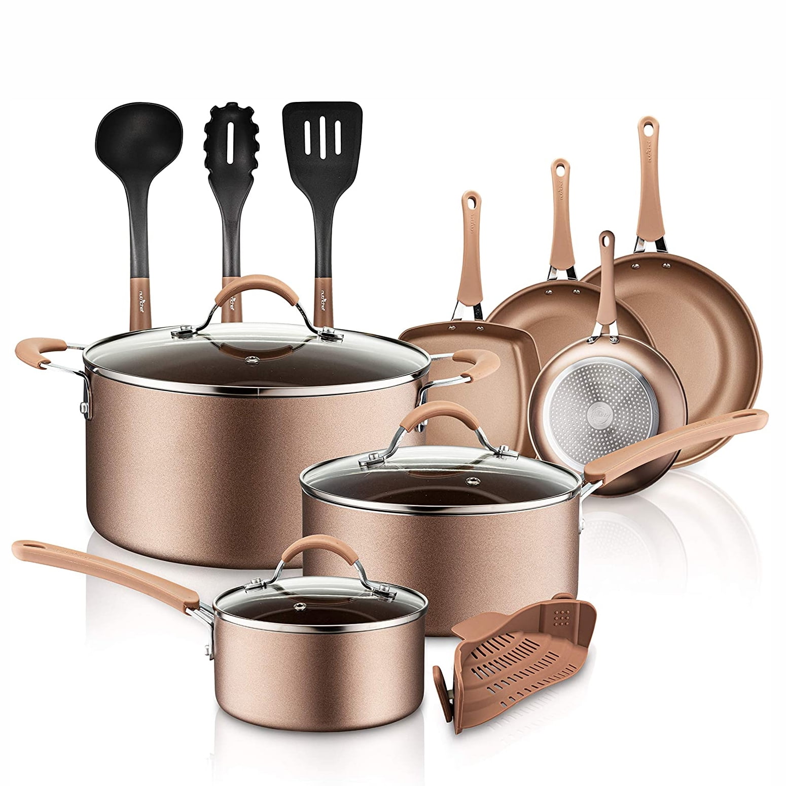 14 Piece Set Bronze NutriChef Nonstick Cooking Kitchen Cookware Pots and Pans