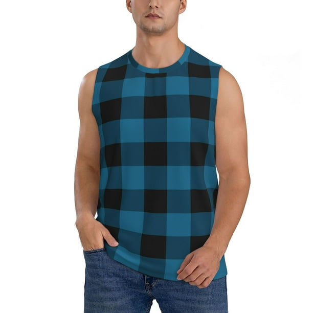 Fotbe Blue Black Plaid Men's Camiseta sin Mangas Estampada para Hombres, Playera Casual para Gimnasio, Entrenamiento, Playa-Large