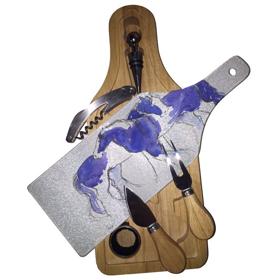 KuzmarK Wine & Cheese Glass Cutting Board Wood Box Gift Set - Piebald Gypsy Cobs in Purple and Blue Abstract Horse Art by Denise Every