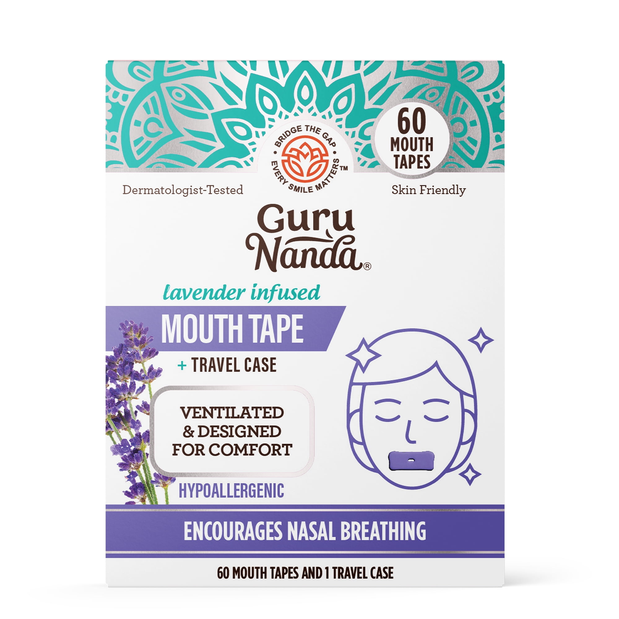 (4 pack) GuruNanda Lavender Infused Mouth Tape with Travel Case for Sleeping -Breathable Strips - Reduce Snoring - 60 Pack