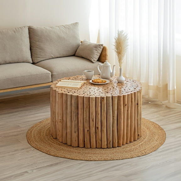 Modern Round Natural Wood Coffee Table For Living Room Use With Ample Surface Area