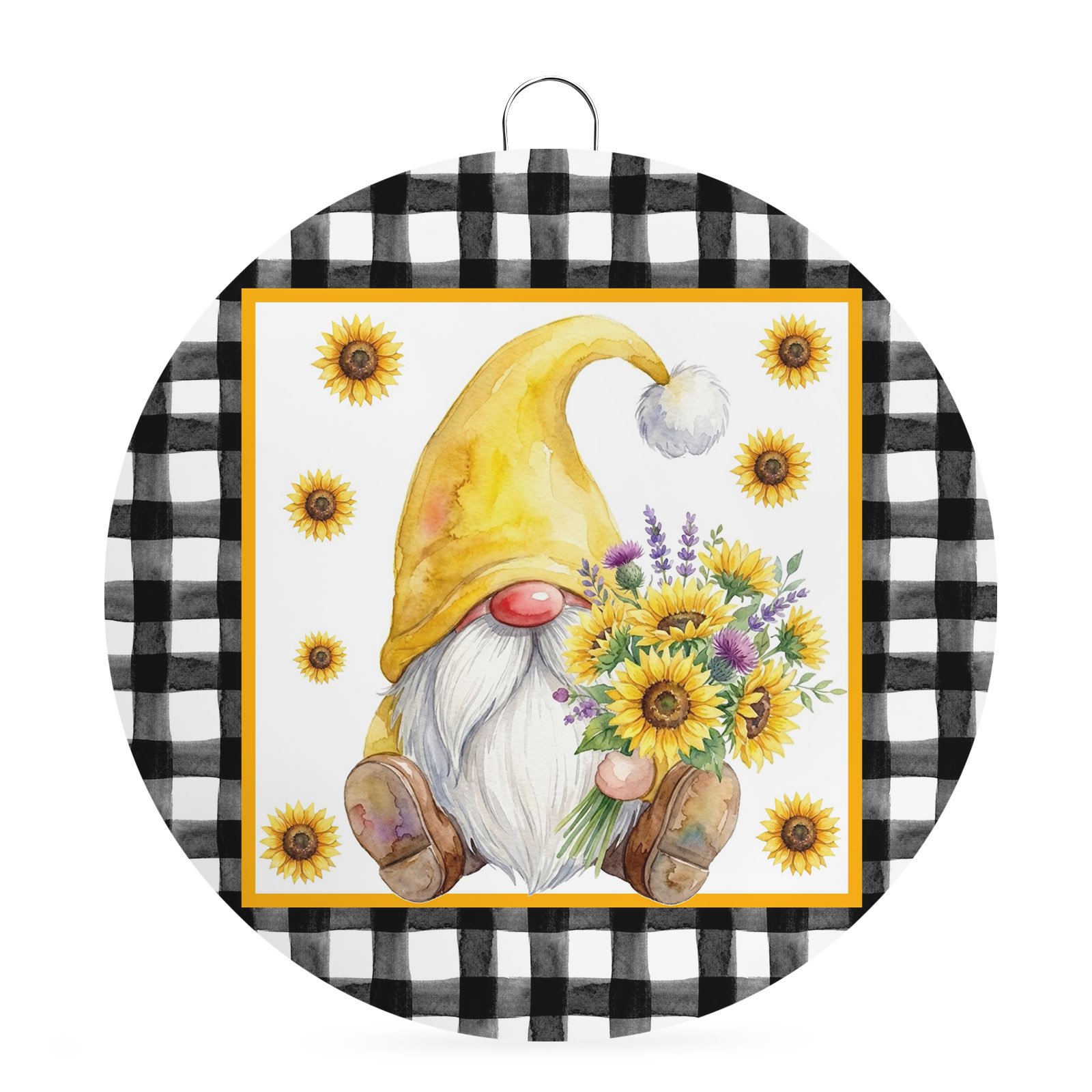 Welcome Sign Front Door Decorations Yellow Gnomes Round Wall Art Outdoor Metal Wreaths Spring Sunflowers Farmhouse Buffalo Plaid Seasonal Hanging Sign for Home Porch Decor Warming Gift 8 In