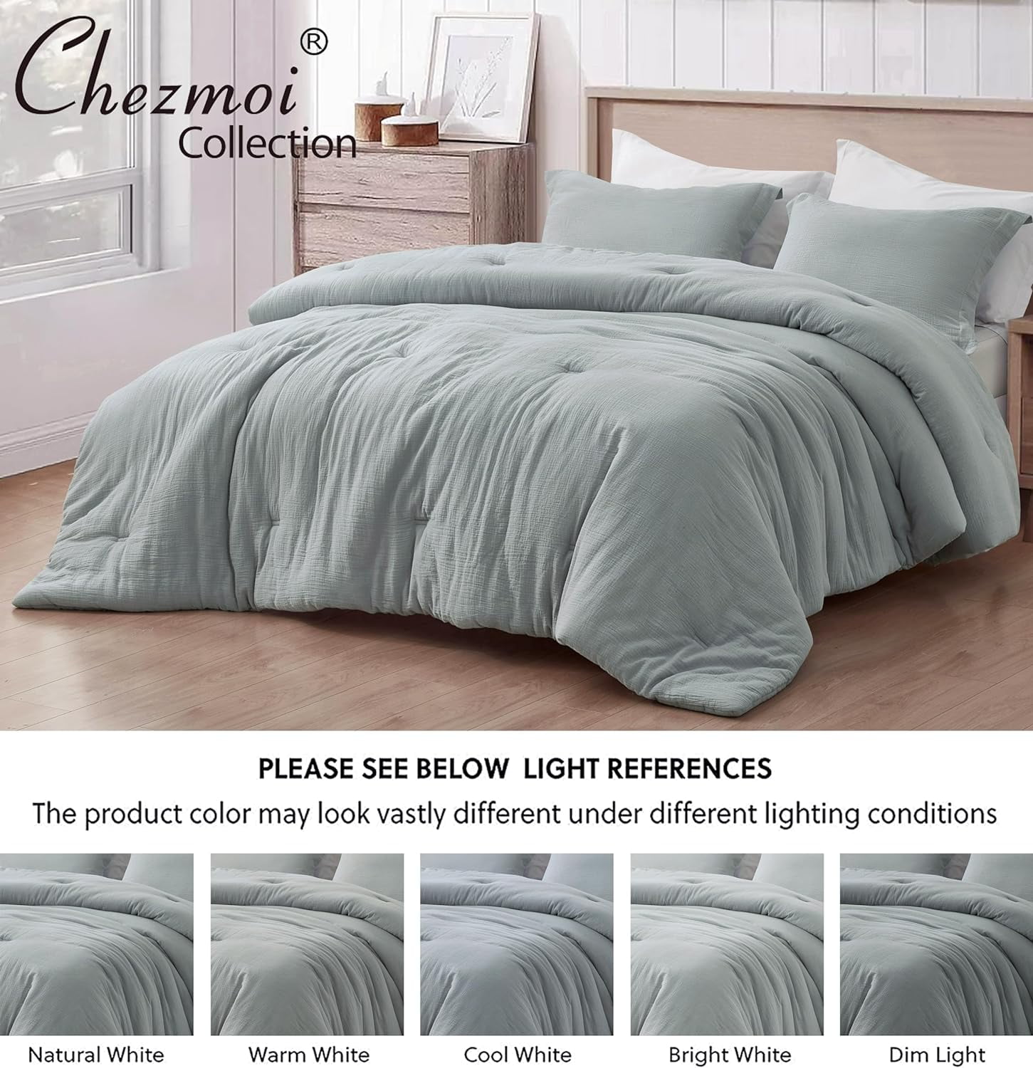 Chezmoi Collection Breeze 3-Piece 100% Cotton Muslin King Comforter Set, Light Blue-Gray Soft Washed Cotton Gauze Comforter, Lightweight Breathable Bedding for All Season