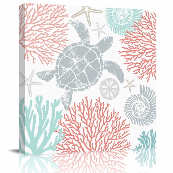 Framed Canvas Wall Art for Living Room Red Coral Turtle Wall Decor, Ocean Starfish Shell Aesthetic Paintings for Bedroom Office Kitchen Bathroom, Ready to Hang Artwork Wall Pictures 8x8 Inch