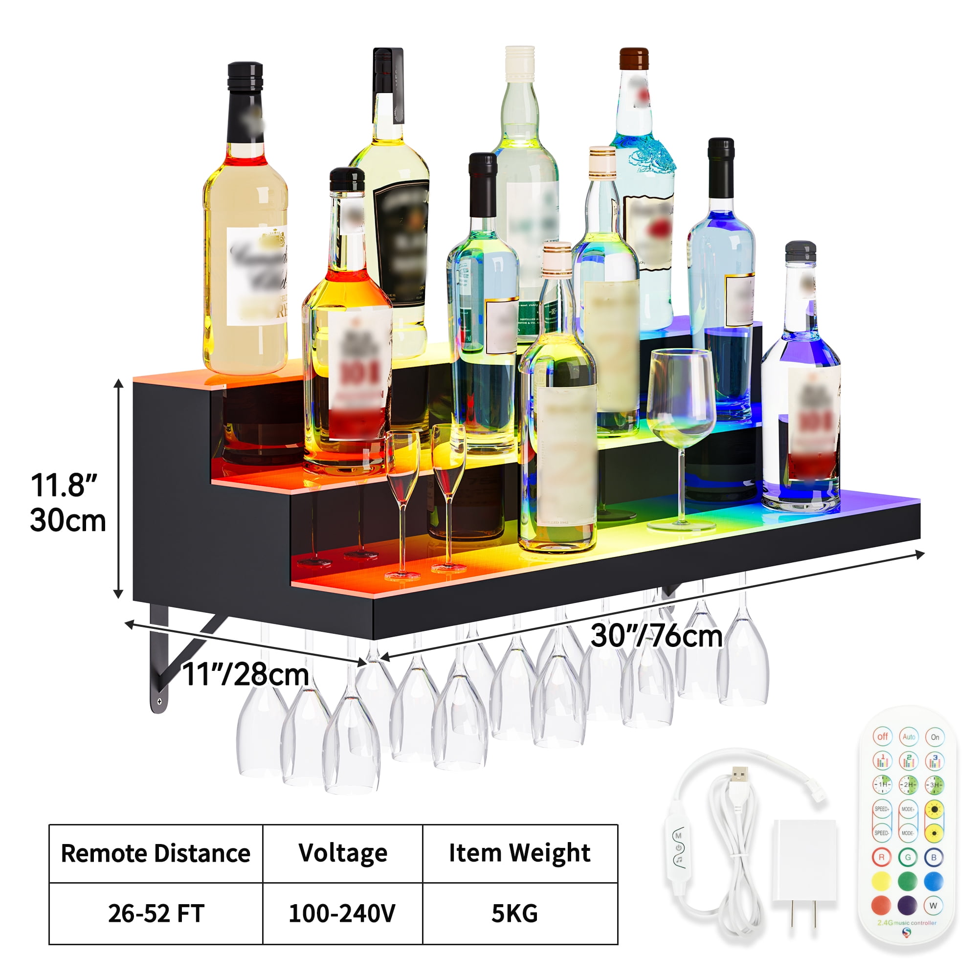 Uforic 30-Inch Black & Matte White Acrylic Wine Rack | 3-Tier Wall-Mounted LED Liquor Bottle Display Shelf | Smart App & Remote Control | 7 Glass Holders | USB & Power Bank Compatible