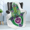 thumbnail image 4 of Hamsa Soft Flannel Fleece Throw Blanket, Nature Theme Hamsa Hand with Lotus Flower Motif in the Palm Tribal Graphic, Cozy Plush for Indoor and Outdoor Use, 50" x 60", Green Purple, by Ambesonne, 4 of 5