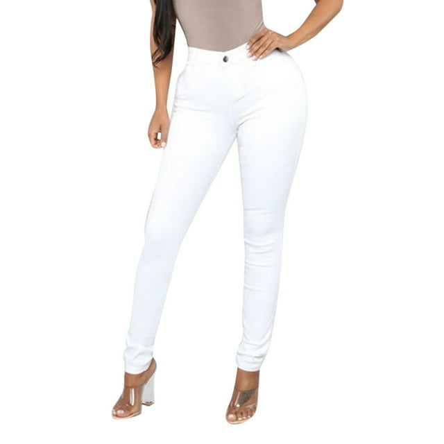 Gibobby Jeans pantalones de mujer Pantalones de cintura alta con bolsillo para mujer(Blanco,M)