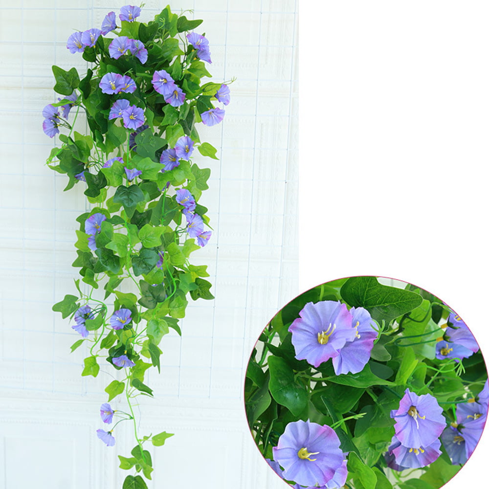 Artificial Trailing Hanging Basket Morning Glory Flowers Ivy Leaf Fern Purple 