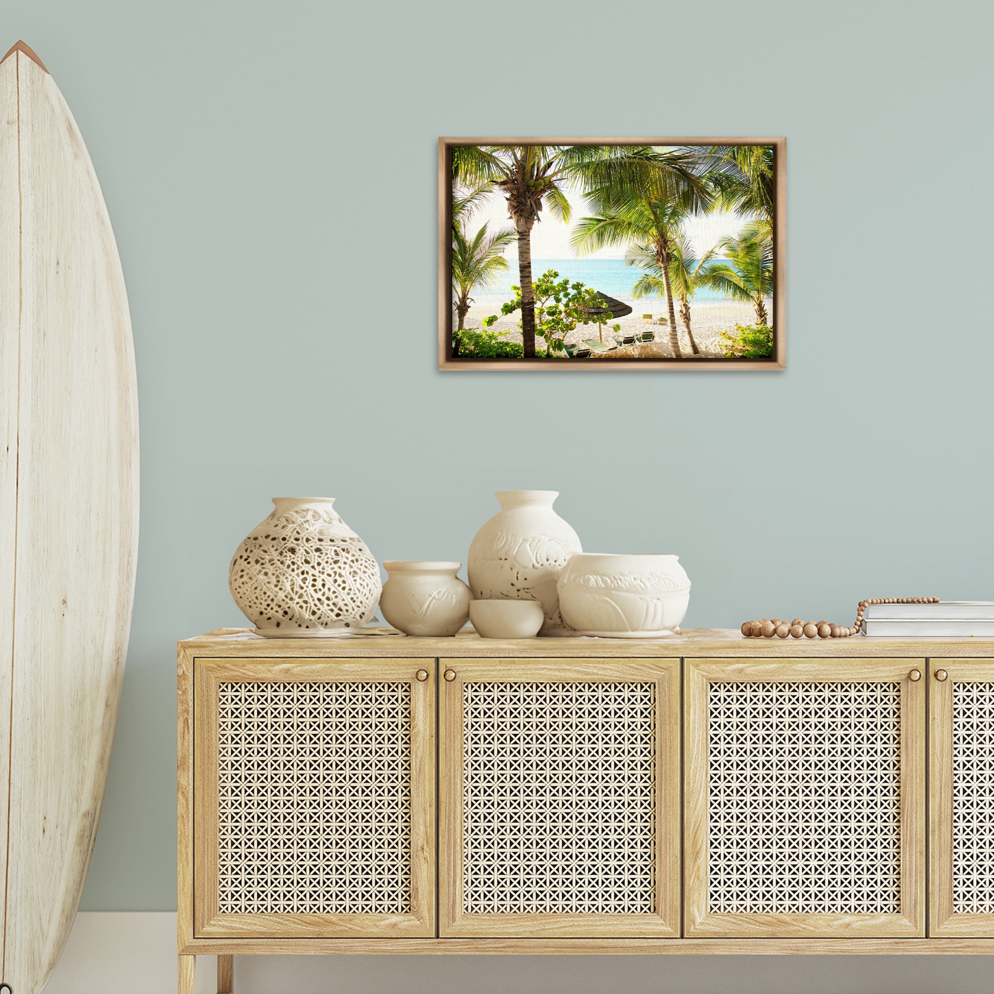 Stupell Industries Tropical Beach Resort Landscape Photography Brown Floater Framed Canvas Art Print Wall Art, 25 x 17