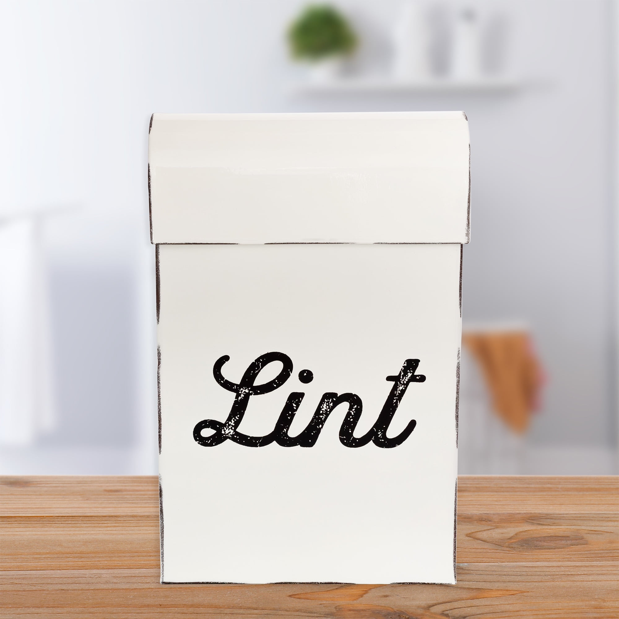 AuldHome Design Farmhouse Enamelware Lint Holder Bin; Distressed White Laundry Room Decor