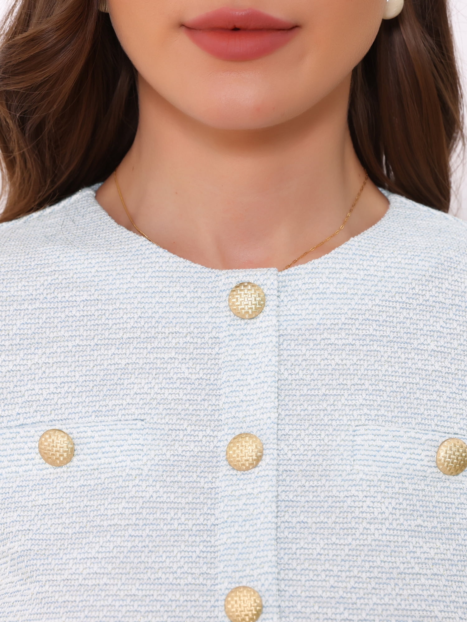 DARING DIVA Women's Plaid Tweed Button Up Round Neck Short Sleeve Dress M Light Blue