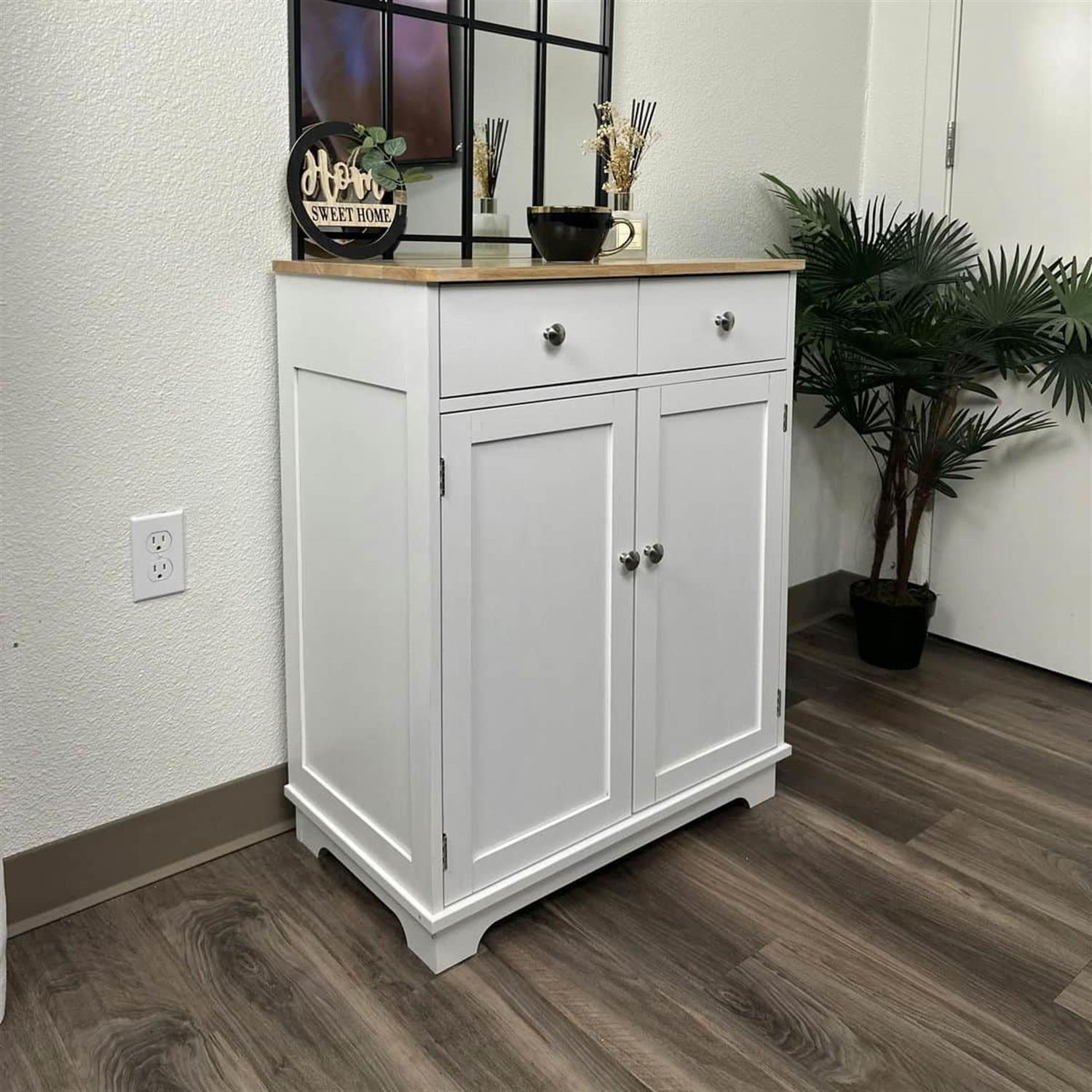 Demi Bonn 33" Kitchen Storage Cabinet Solid Wood Top Sideboard Floor Cupboard, Adjustable Shelf & 2 Drawers for Home Organization, White