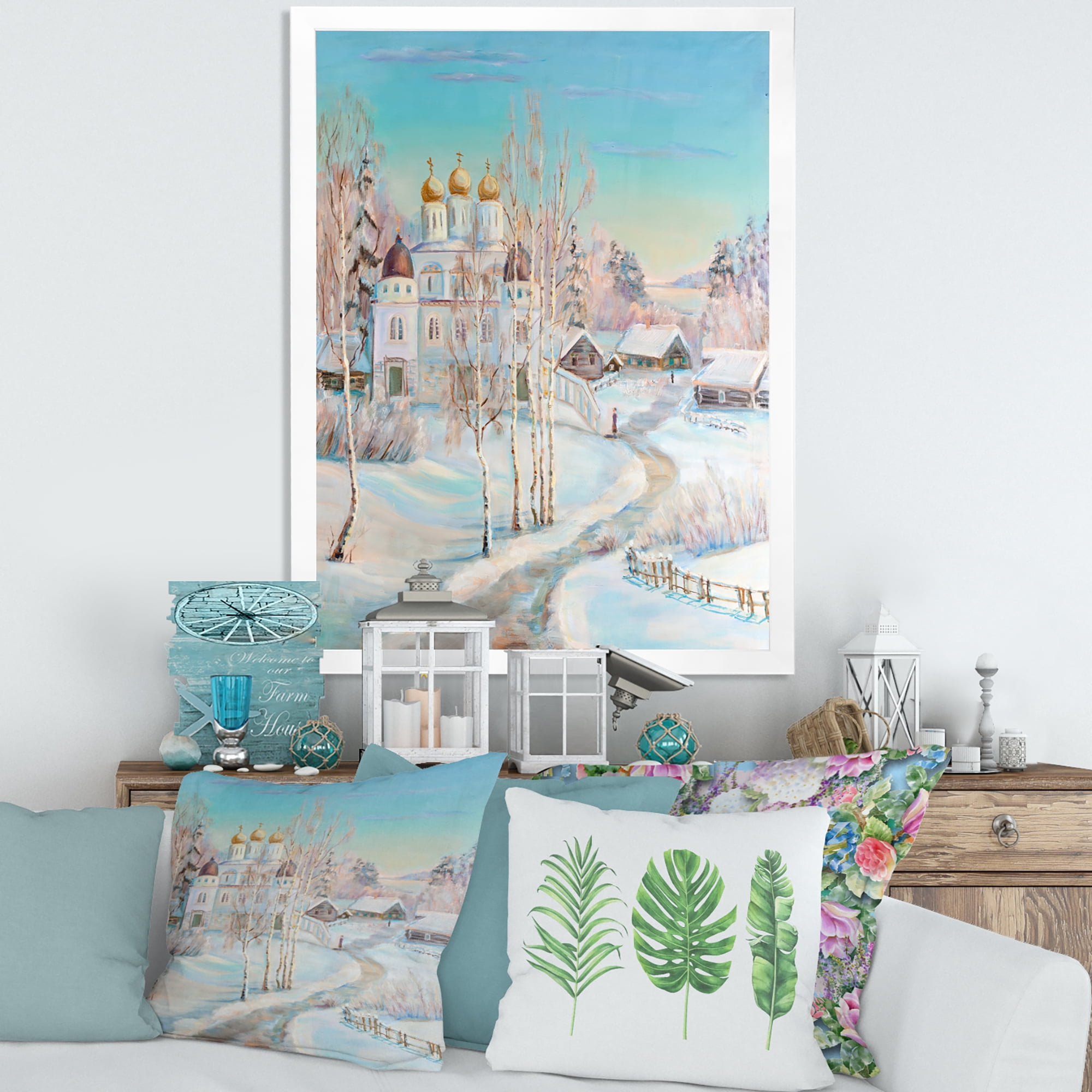 Designart 'Temple Over Country Road In Winter Landscape' Traditional Framed Art Print