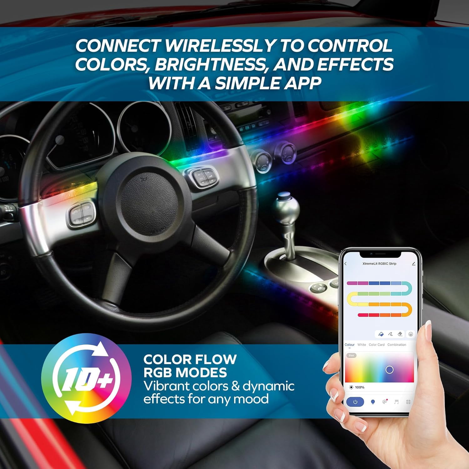 Xtreme Car Exterior RGB+IC LED Lights, 65.6’ Foot Multicolored Color Flow Lights, 200 LEDs, IP65 Waterproof, USB Powered, App Control, Car Accessories and Décor for Christmas, Holidays, Year Round