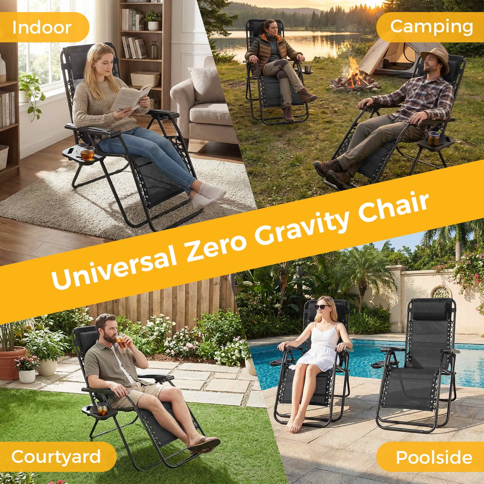 MAYEERTY Set of 2 Zero Gravity Patio Lounge Chairs, Adjustable Alloy Steel Foldable Outdoor Recliners with Pillow Cup Holder Side Tray for Beach Pool Lawn, Holds 300 LBS