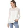 thumbnail image 3 of INSPIRE CHIC Women's Round Neck Casual Blouses Lace Floral Long Sleeve Chiffon Tops L White, 3 of 9