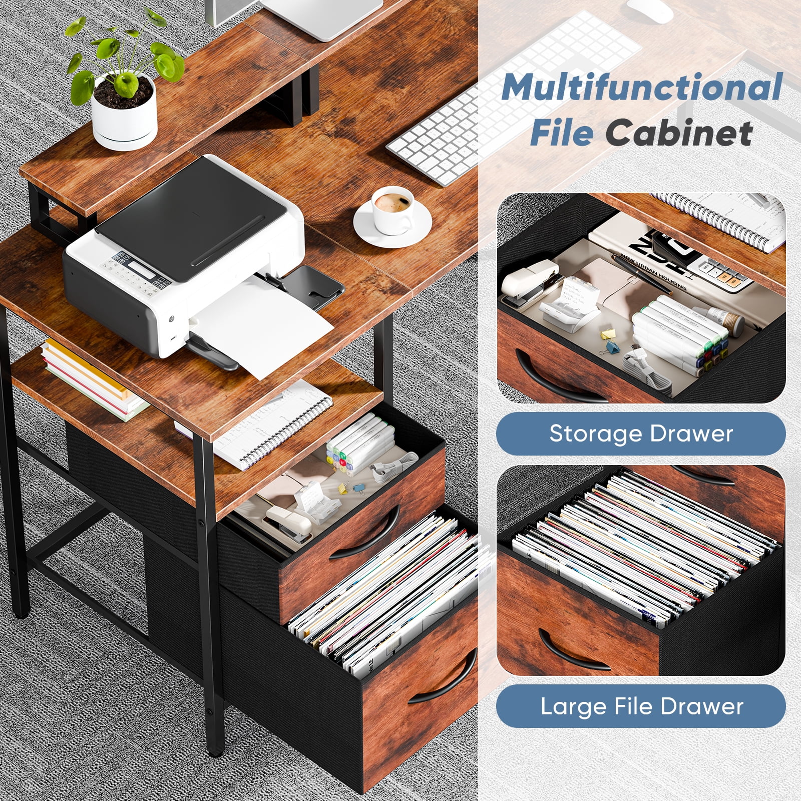 CONCETTA Modern L-Shaped Computer Desk with Power Outlet, Reversible Gaming Desk with Fabric Drawer & 2 Monitor Stands for Home Office, Rustic
