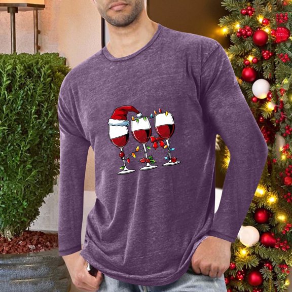 SYMOID Pajamas Mens Purple Christmas Long Sleeve Shirt - Wine Glass & Red Bow Graphic, Soft Stretch Poly-Cotton Blend, M-XXXXL Festive Holiday Casual Top,Size 3XL