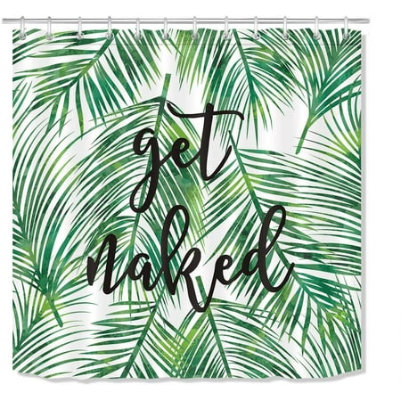 Green Tropical Coconut Palm Leaf Shower Curtain With Hooks Black Font Get Funny Bathroom Curtains 72x72 Inch Waterproof Polyester Fabric Canada Green Tropical Coconut Palm Leaf Shower, Black Palm Leaf Shower Curtain